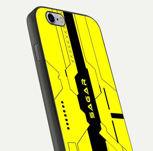 Circuit CYBERPUNK Custom Name Glass Case for iPhone 16 Pro close-up highlighting neon lines, futuristic tones, and gloss reflection
