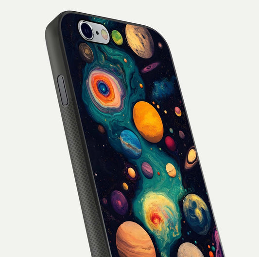 Cosmic Planet Journey Glass Case for iPhone 16 Pro close-up highlighting planets, stars, and shine reflection