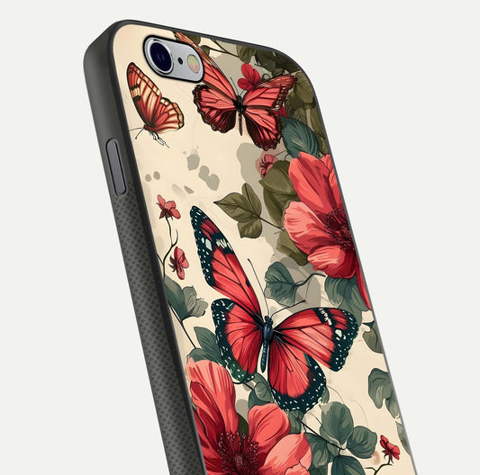 Crimson Butterfly Garden Glass Case for iPhone 16 Pro close-up showing wing detail and reflection shine
