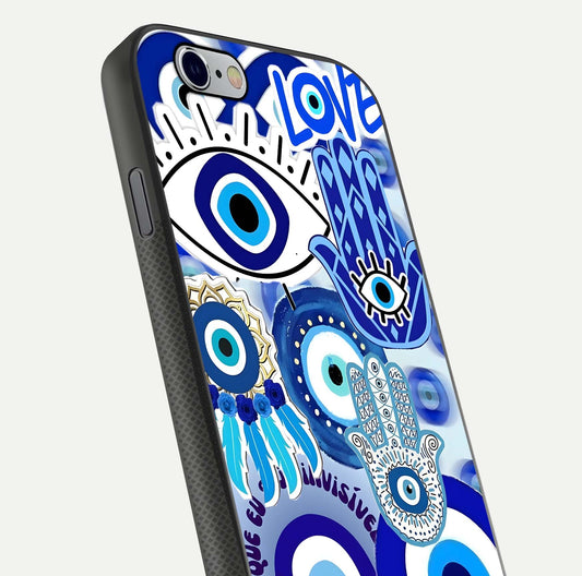 Evil Eyes Dream Glass Case for iPhone 16 Pro close-up highlighting evil-eye charm detail and light reflection on glass