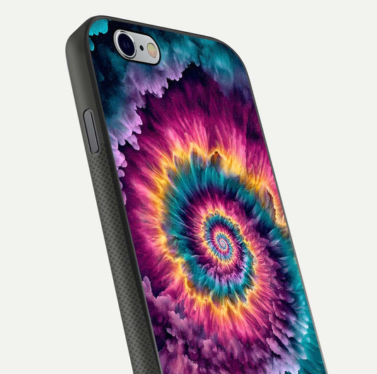 Galactic Spiral Burst Glass Case for iPhone 16 Pro close-up angled shot showing spiral burst detail, neon tones, and glossy reflection