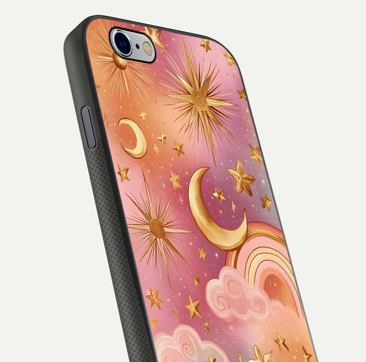 Golden Celestial Dreams Glass Case for iPhone 16 Pro close-up angled shot showing cosmic gold tones and reflection shine