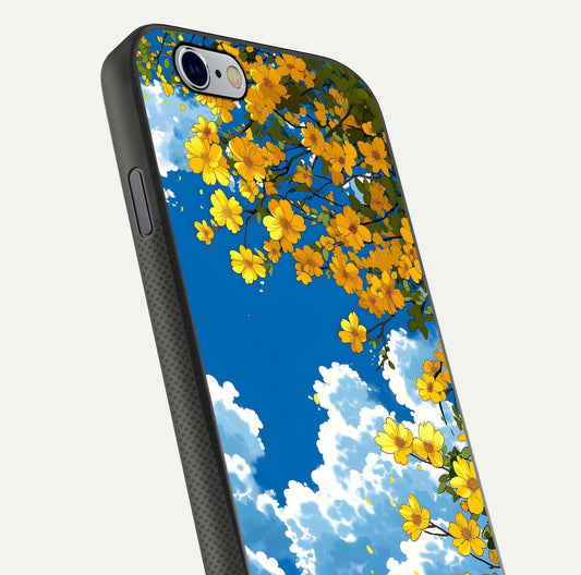 Golden Petal Sky Glass Case for iPhone 16 Pro close-up angled shot showing petal texture and shine reflection