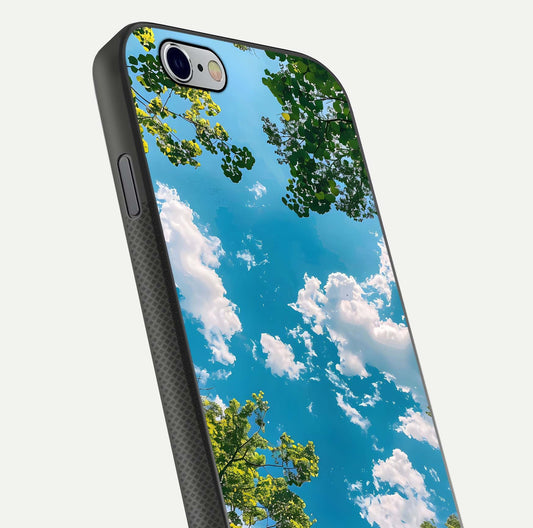 Greenery Sky Glass Case for iPhone 16 Pro close-up angled shot showing leafy tones and reflection brightness