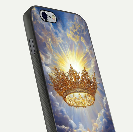 Heavenly Crown Light Glass Case for iPhone 16 Pro close-up angled shot showing glowing halo details and smooth reflection