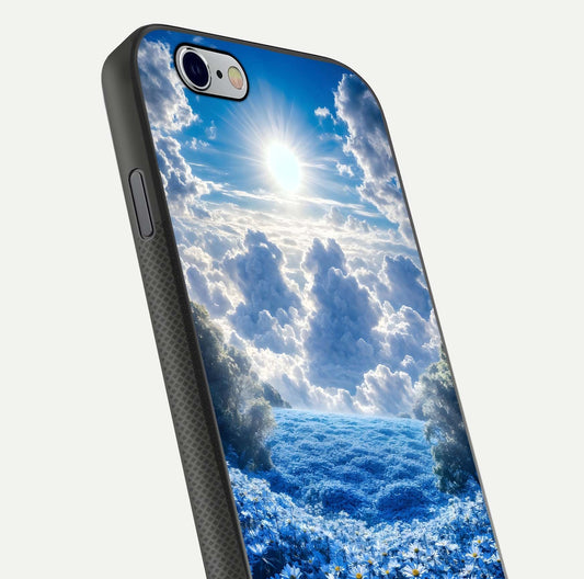 Heavenly Daisy Horizon Glass Case for iPhone 16 Pro close-up angled shot showing daisy petal details and light reflection
