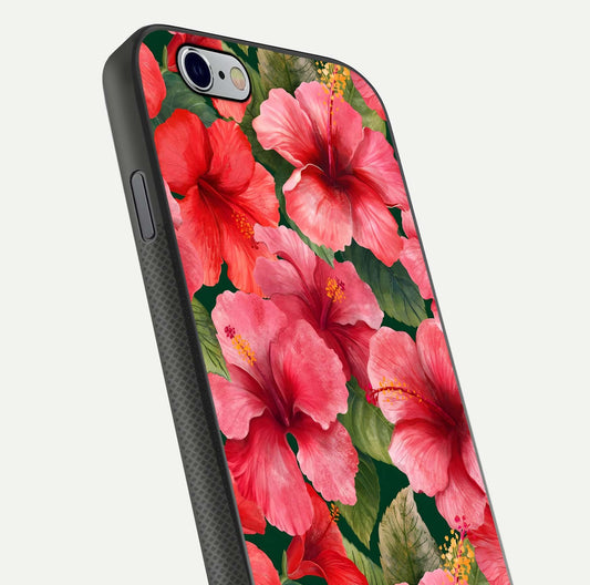 Hibiscus Pattern Glass Case for iPhone 16 Pro close-up angled shot showing flower details and gloss reflection