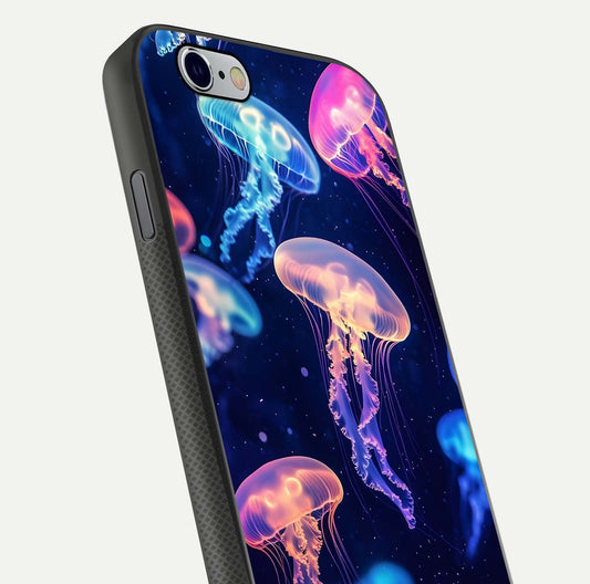 Jellyfish Pattern Glass Case for iPhone 16 Pro close-up angled shot showing translucent tentacles and light reflection
