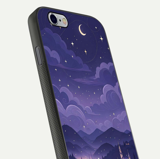 Minimal Night View Glass Case for iPhone 16 Pro close-up angled shot showing lights reflection and dark tone details