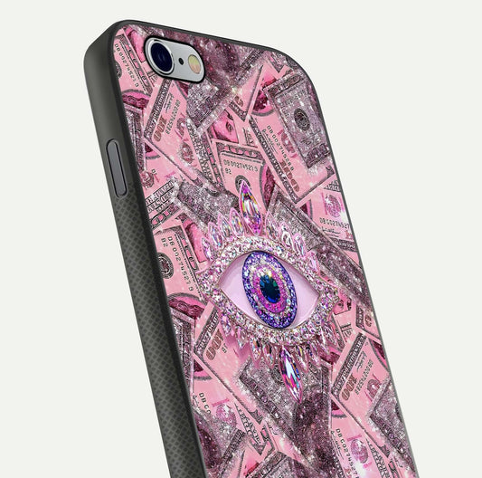 Money Eye Luxe Glass Case for iPhone 16 Pro close-up angled shot showing gold detailing and reflection shine