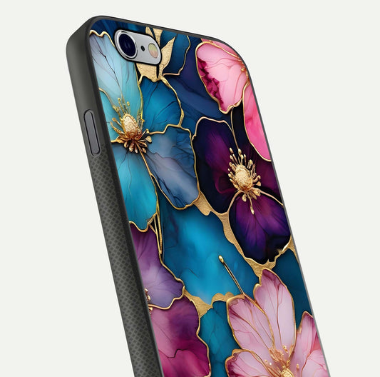 Sparkle Floral Glass Case for iPhone 16 Pro close-up angled shot highlighting shimmer details and reflection