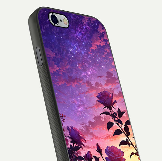 Starlit Rose Twilight Glass Case for iPhone 16 Pro close-up angled shot highlighting rose detail and reflection