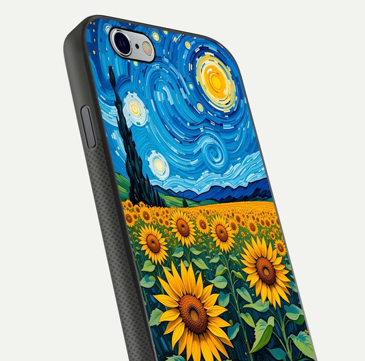 Starry Sunflower Dreams Glass Case for iPhone 16 Pro close-up angled shot highlighting petal texture and gloss