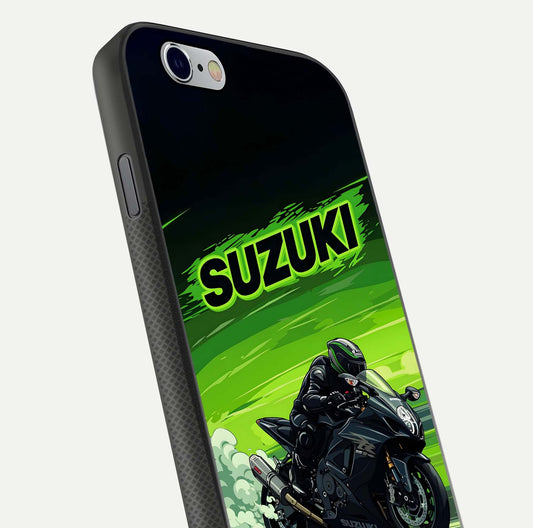 Suzuki Speed Beast Glass Case for iPhone 16 Pro close-up angled shot highlighting bold tones and reflection