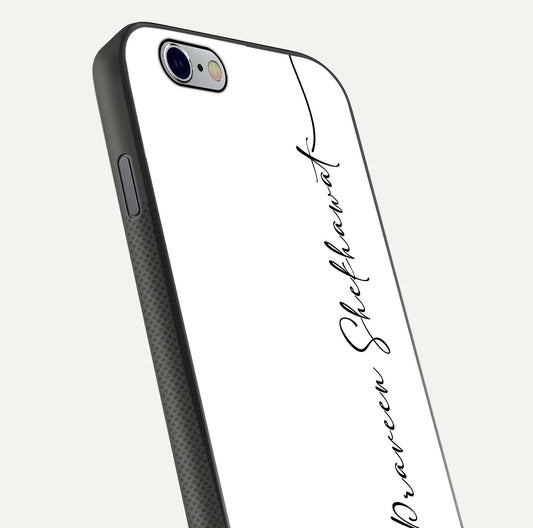 White Tune Custom Name Glass Case for iPhone 16 Pro close-up angled shot highlighting gloss reflection and texture