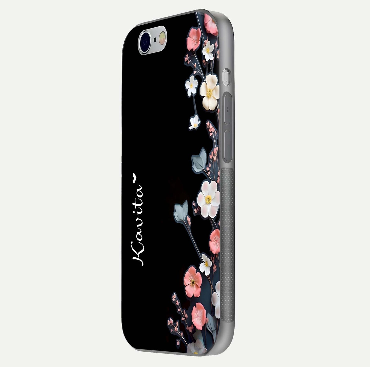 Black Elegance Floral Custom Name Glass Case for iPhone 16 Pro side-angle showing black gloss depth and delicate print texture