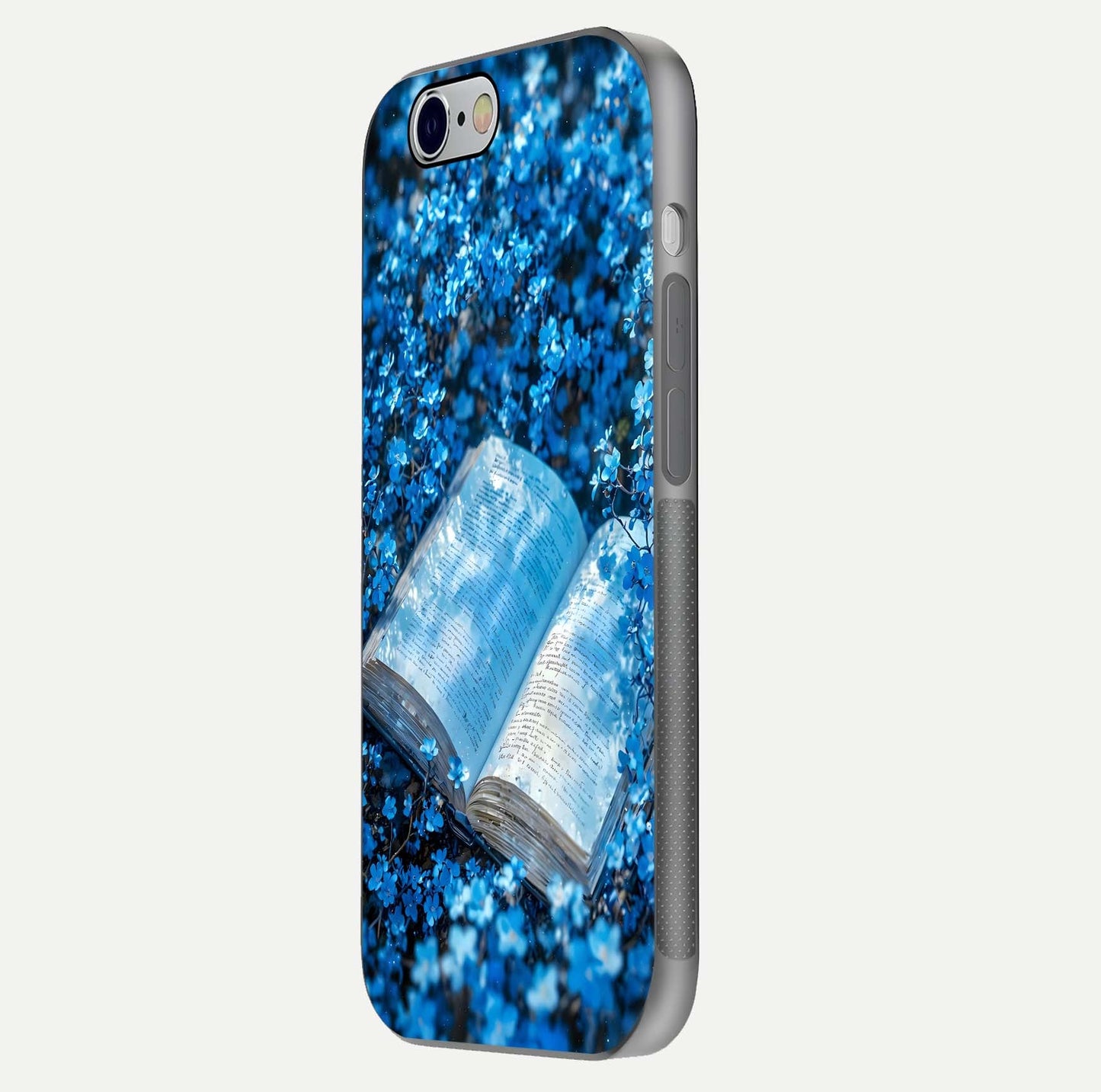 Blue Bloom Tales Glass Case for iPhone 16 Pro side-angle image showing blue floral pattern and glossy finish