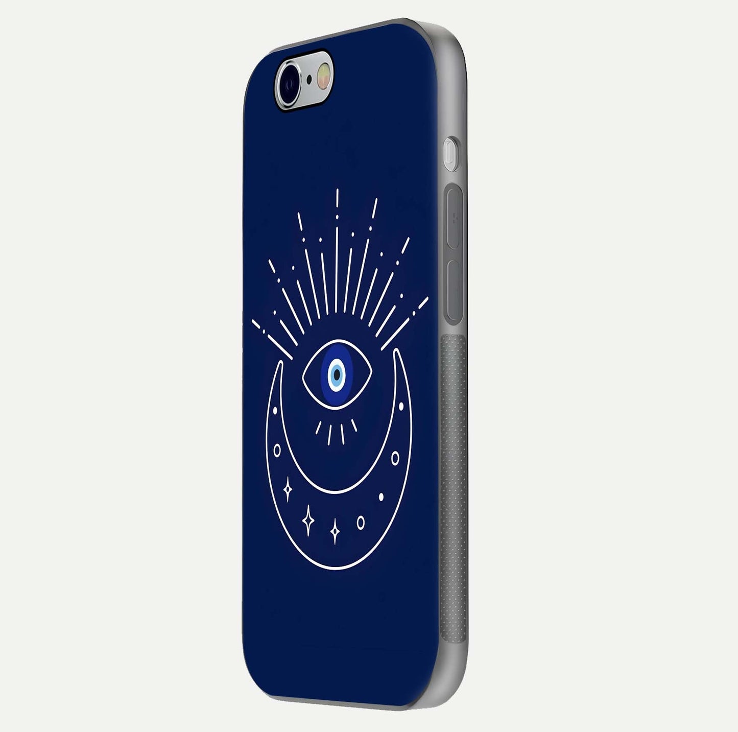 Blue Evil Eye Glass Case for iPhone 16 Pro side-angle view showing edge glow, color balance, and reflective surface