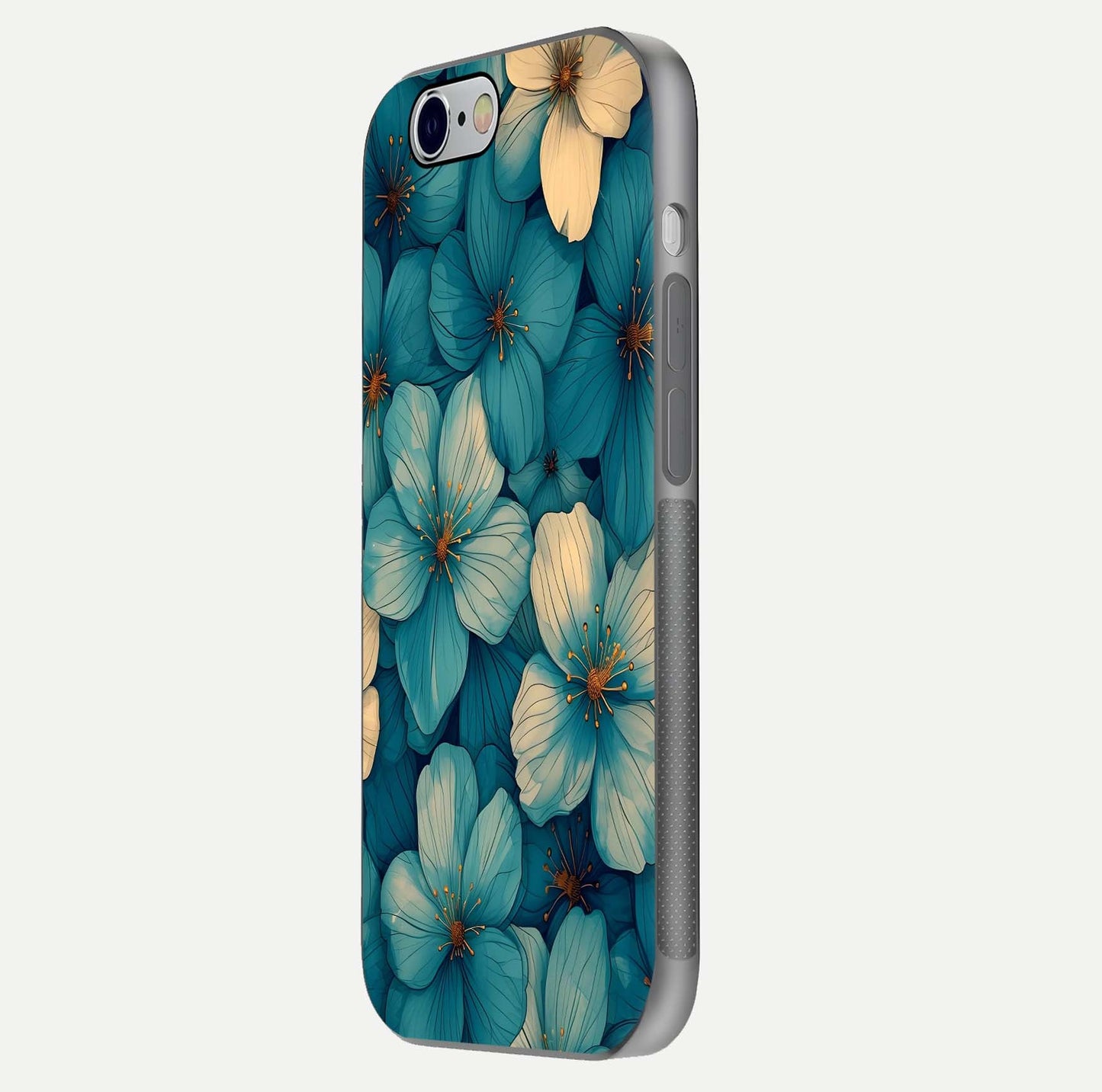 Blue Shade Floral Glass Case for iPhone 16 Pro side-angle photo showing detailed floral hues and curved glass shine