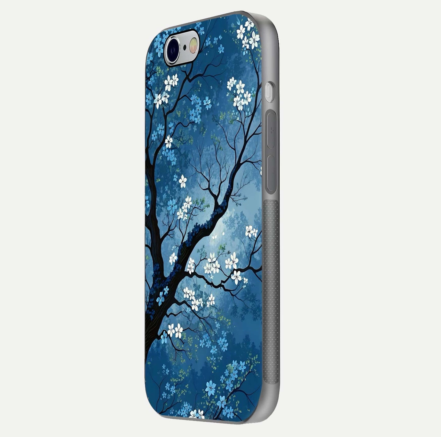 Blue Tree Serenity Glass Case for iPhone 16 Pro side-angle shot showing glossy edge and tree pattern reflection