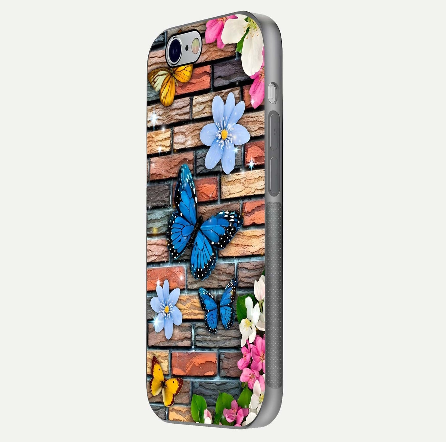 Brick Bloom Flight Glass Case for iPhone 16 Pro side-angle photo showing curve shine and detailed petal contrast