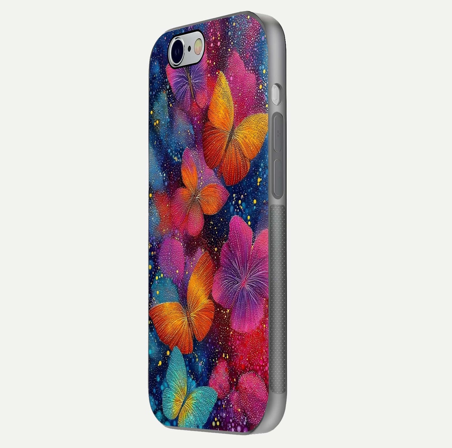 Butterfly Dream Mist Glass Case for iPhone 16 Pro side-angle image showing soft gradient and reflective glow