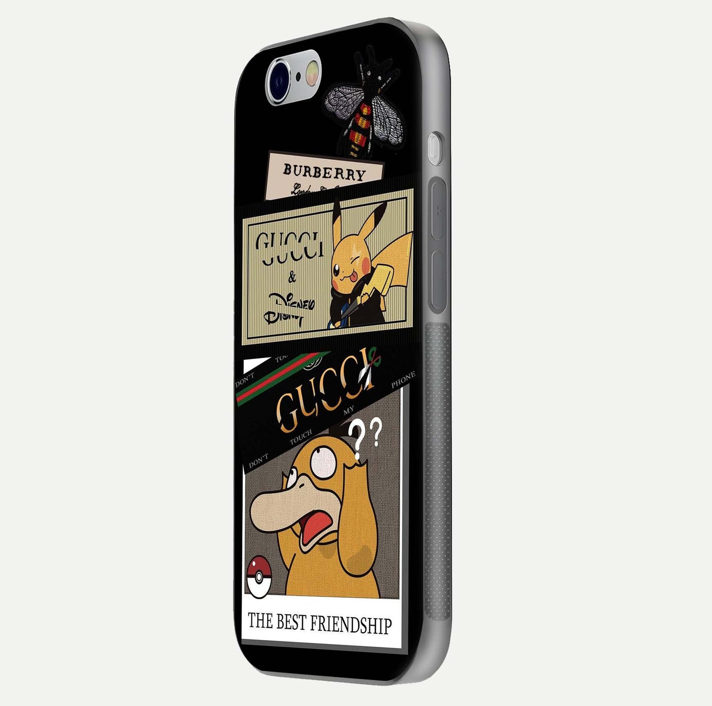 Cartoon Brand Play Mashup Glass Case for iPhone 16 Pro side-angle image showing reflection brightness and fun graphic mix