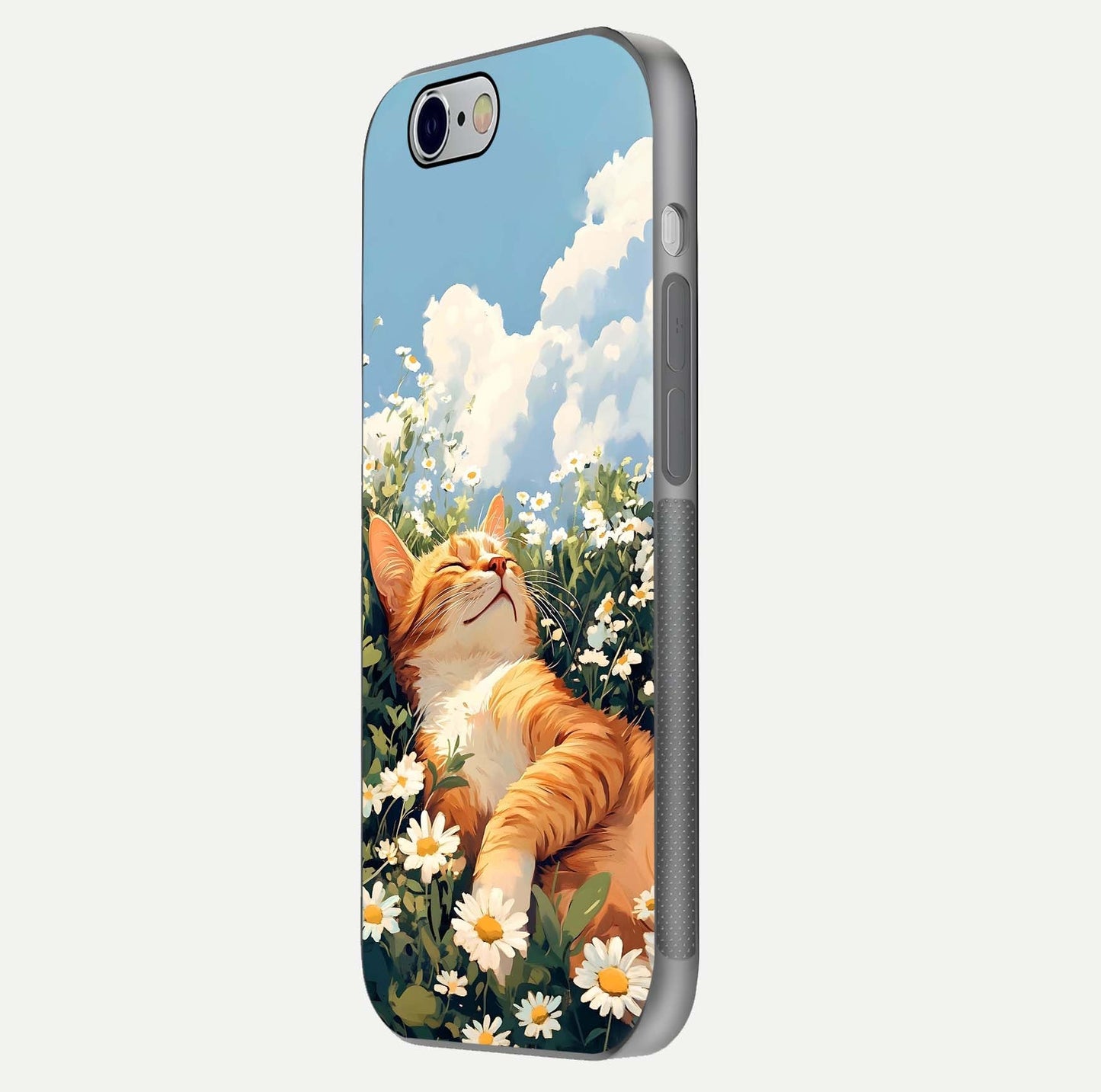 Cat & Flowers View Glass Case for iPhone 16 Pro side-angle image capturing cat print clarity and gloss tone