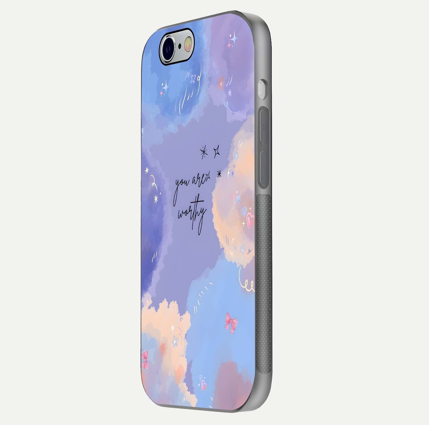 Celestial Cloud Magic Glass Case for iPhone 16 Pro side-angle photo showing edge reflection and dreamy texture