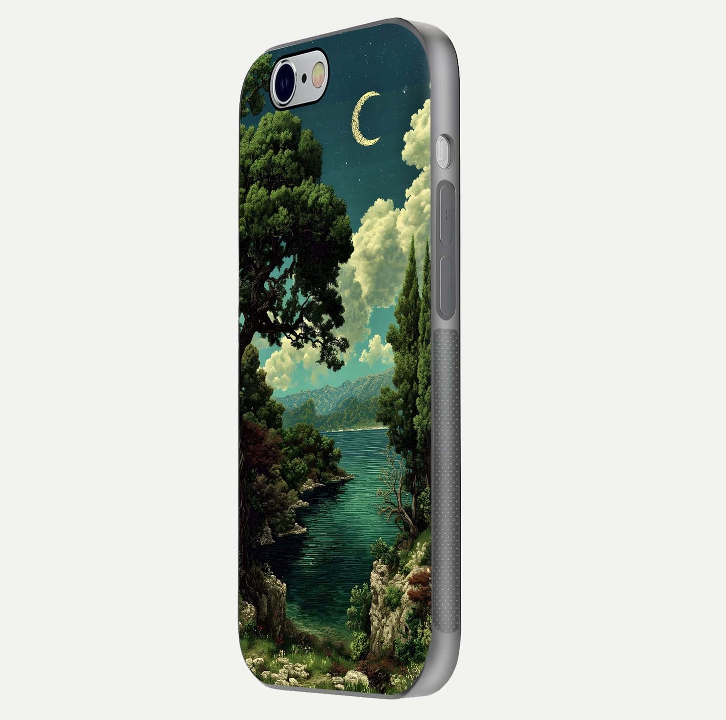 Celestial Lake Peace Glass Case for iPhone 16 Pro side-angle image displaying reflective glow and gentle edges