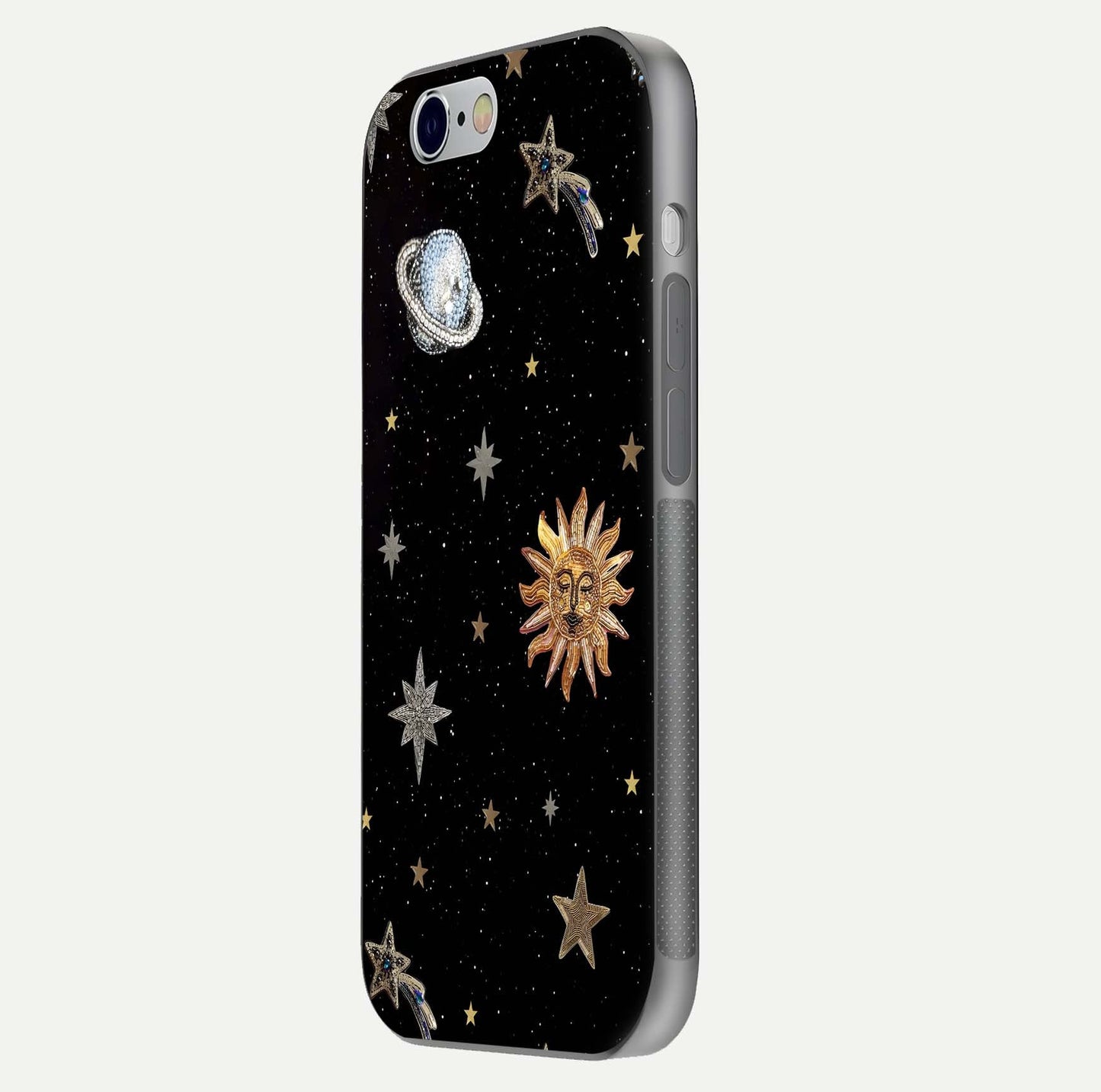 Celestial Moon With Stars Glass Case for iPhone 16 Pro side-angle view showing curved edges and shimmer glow