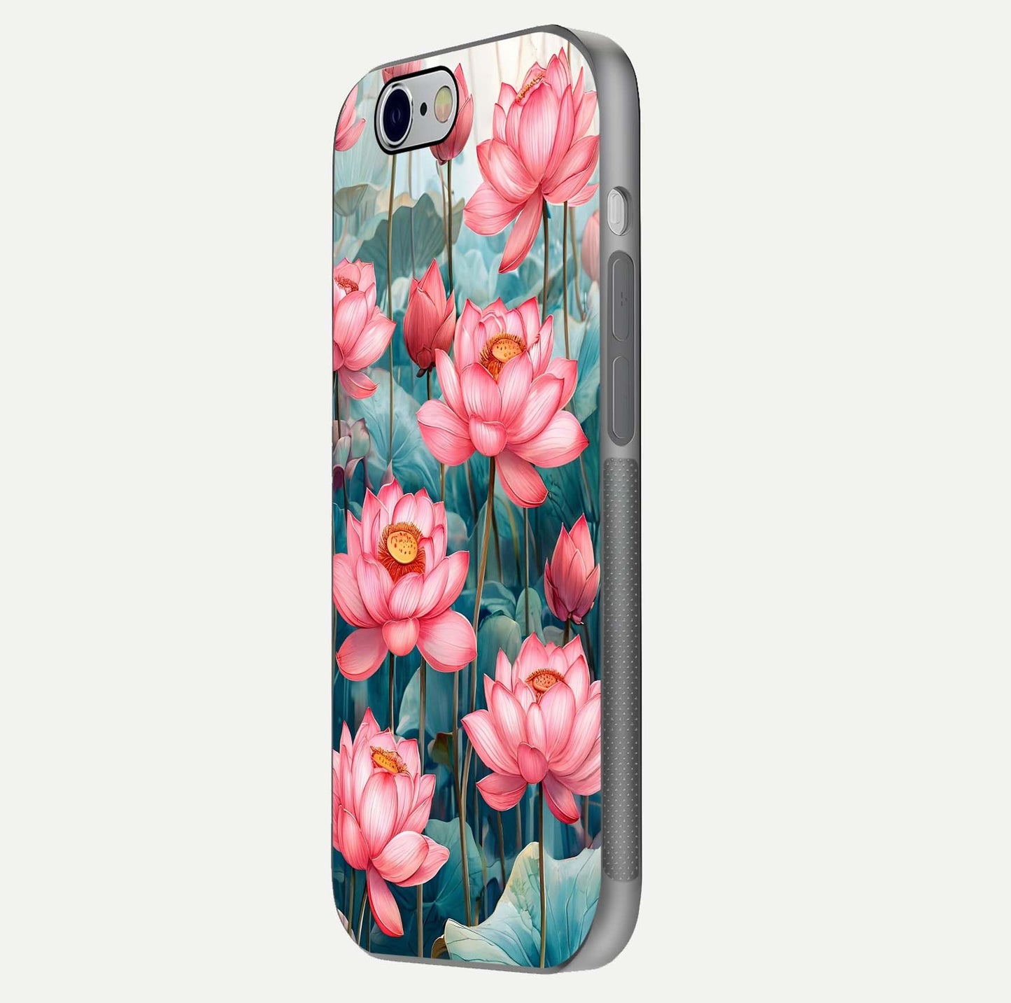 Celestial Pink Lotus Glass Case for iPhone 16 Pro side-angle image showing reflective shine and petal curve