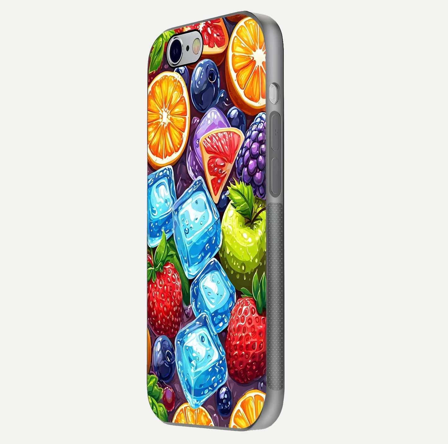 Colorful Fruits with Ice Glass Case for iPhone 16 Pro side-angle photo showing curve gloss and vivid tones