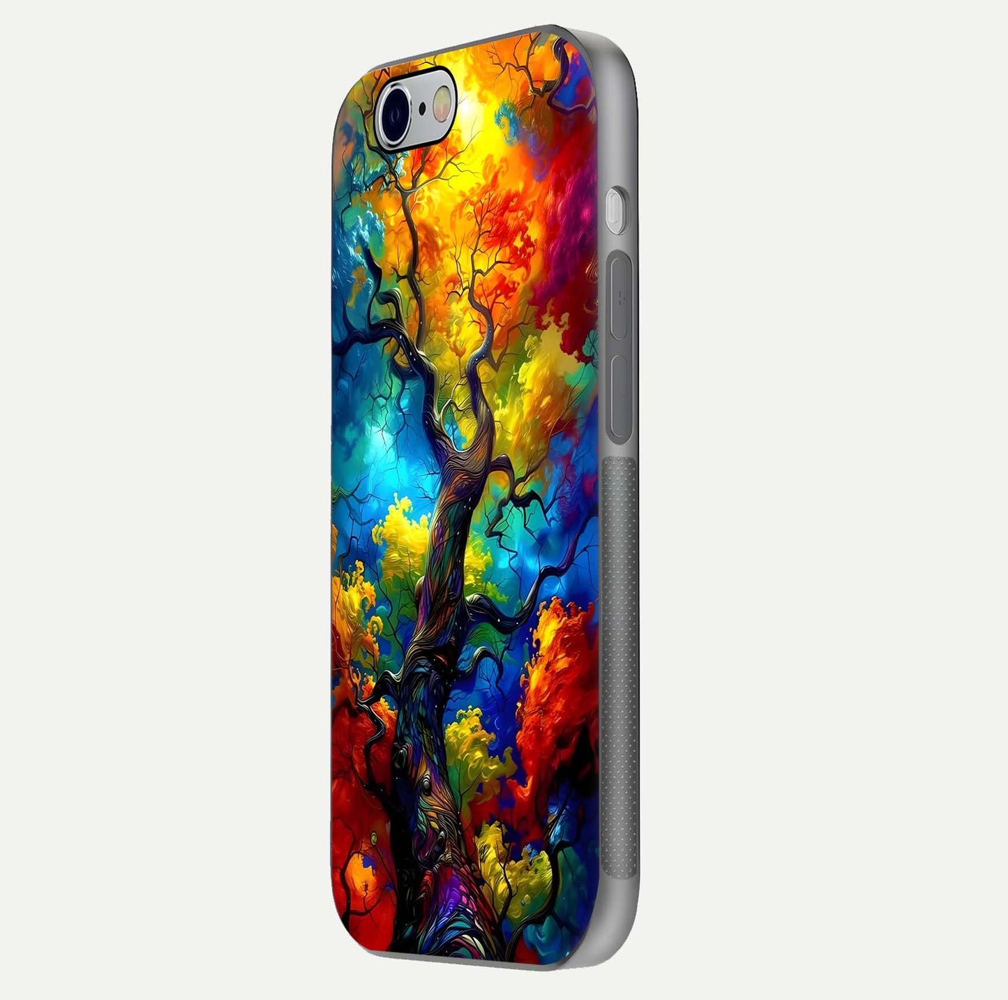Colorful Tree Glass Case for iPhone 16 Pro side-angle image showing curve reflection and fine print texture