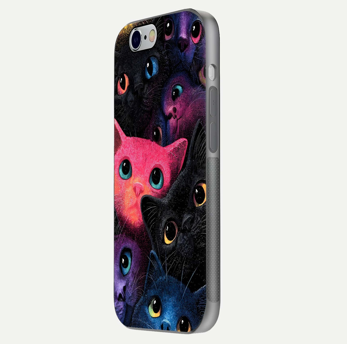 Cosmic Cats Dreams Glass Case for iPhone 16 Pro side-angle photo showing edge gloss and color depth