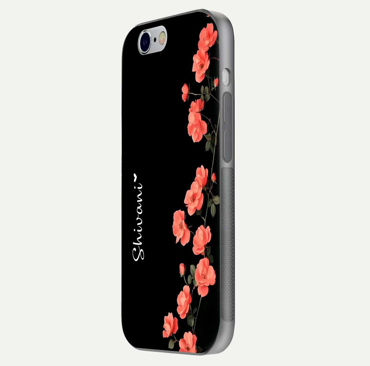 Crimson Bloom Grace Custom Name Glass Case for iPhone 16 Pro side-angle photo capturing edge glow and name clarity