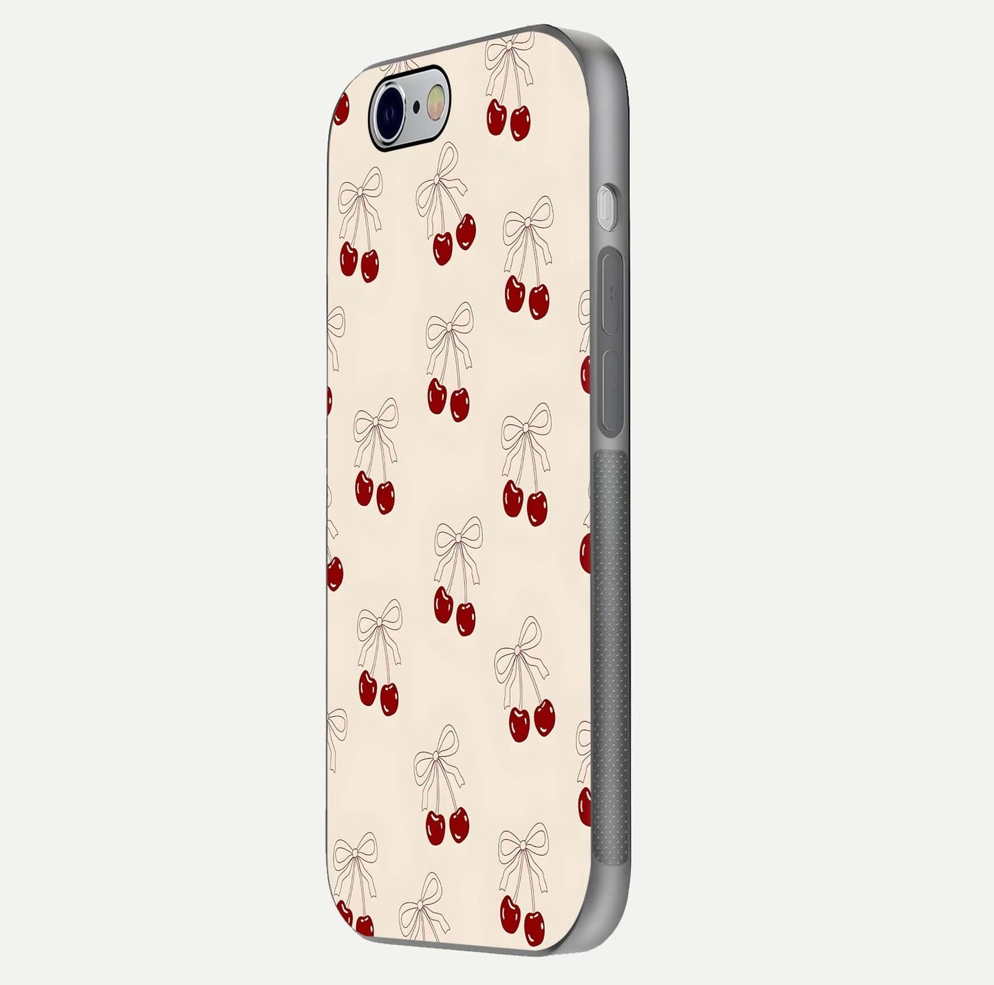 Cute Cherry Pattern Glass Case for iPhone 16 Pro side-angle photo highlighting gloss curve and pattern clarity
