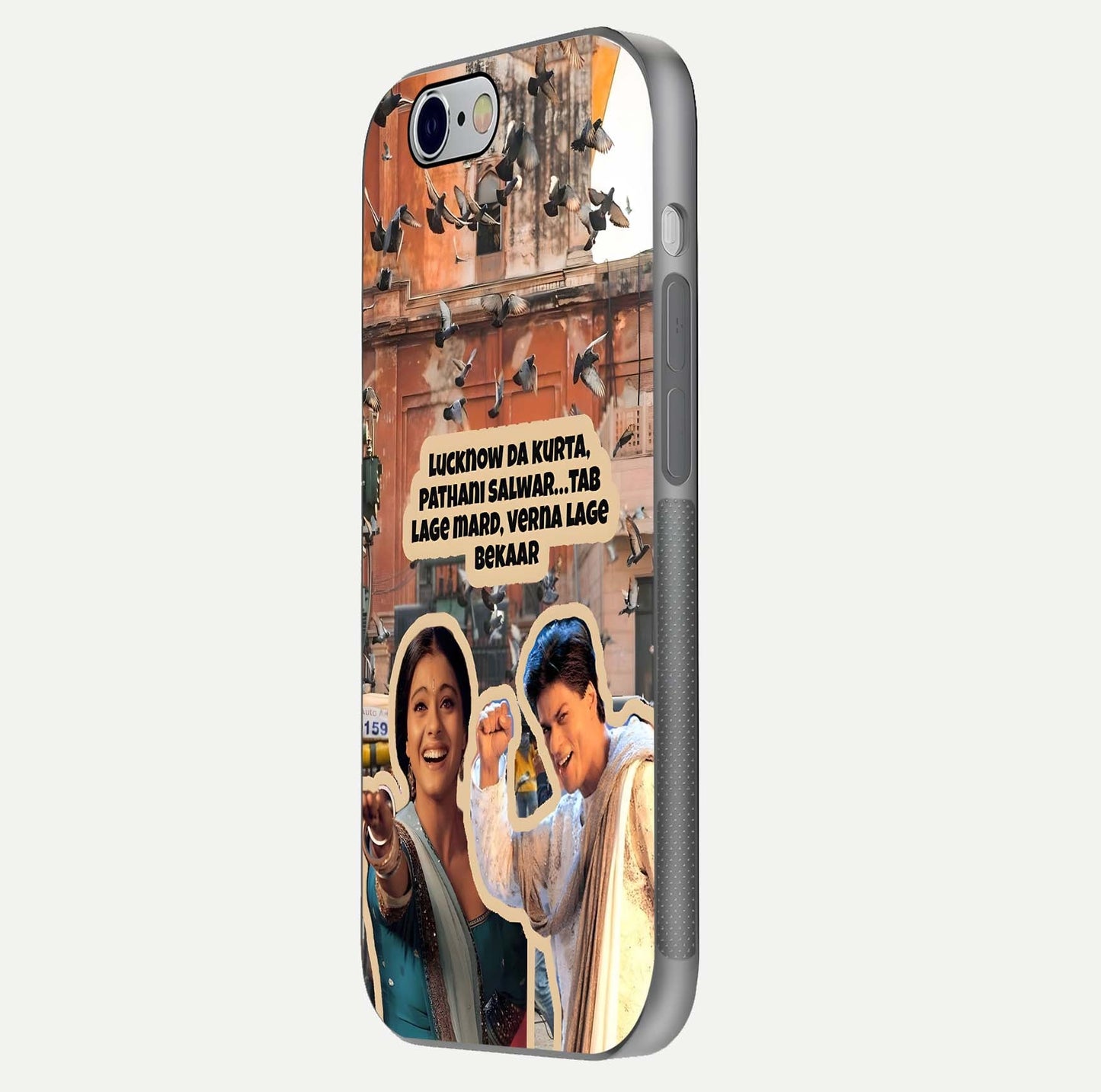Desi Retro Vibes Glass Case for iPhone 16 Pro side-angle image displaying gloss texture and bold pattern