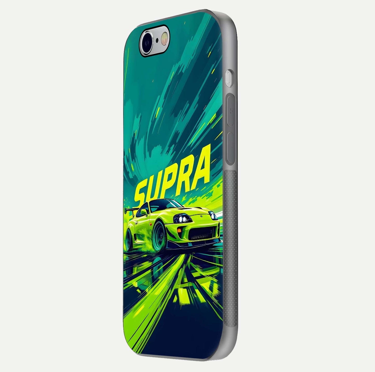 Electric Supra Thunder Glass Case for iPhone 16 Pro side-angle photo showing sleek car outline and reflective shine
