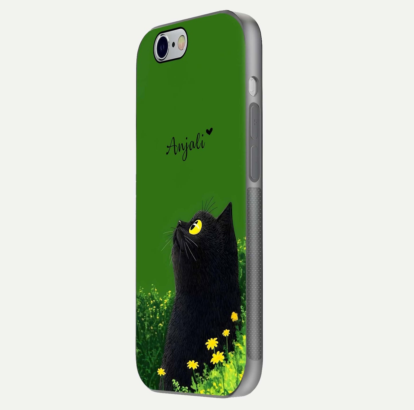Emerald Cat Custom Name Glass Case for iPhone 16 Pro side-angle photo showing name clarity and glass reflection