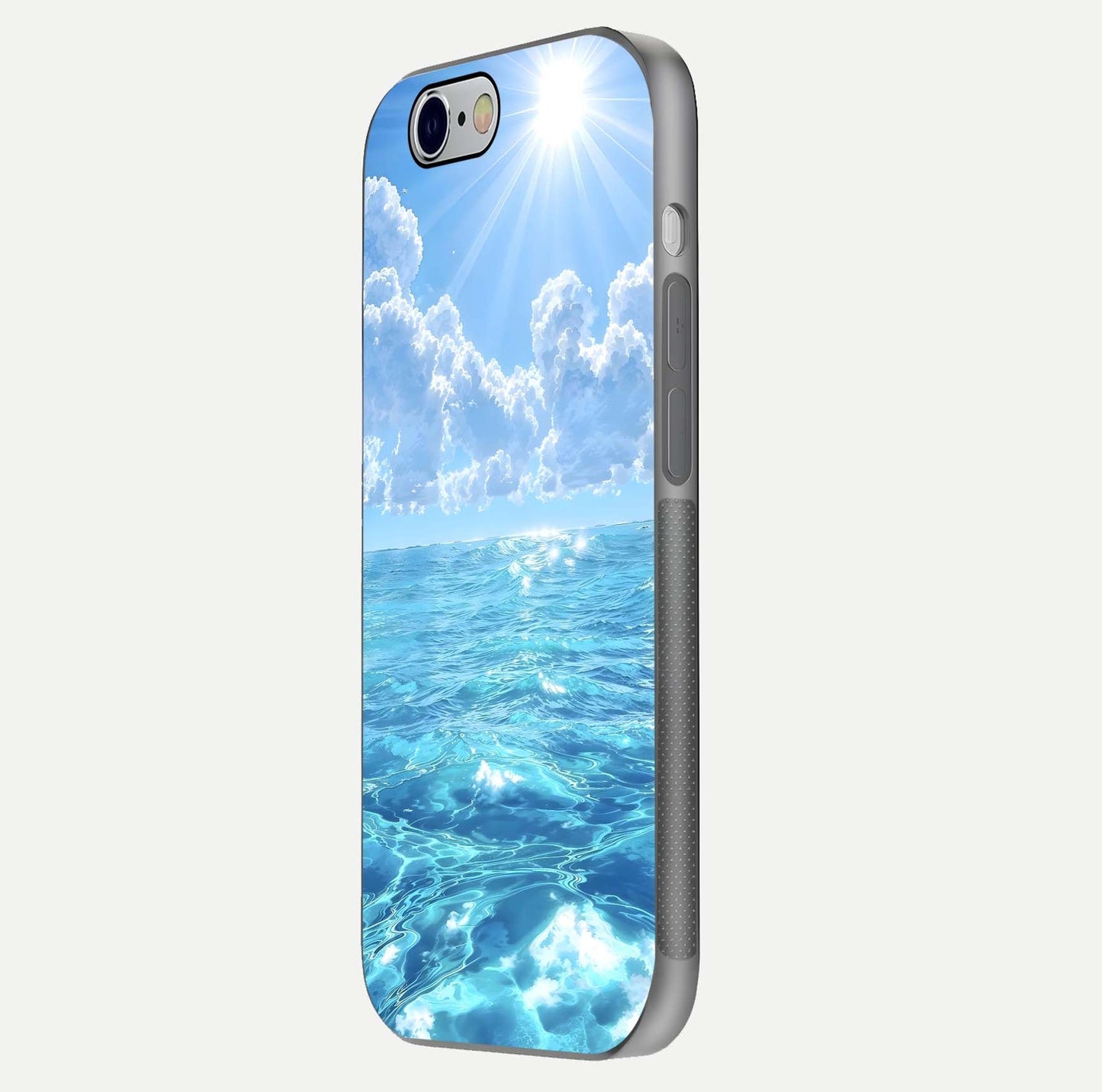 Endless Ocean Horizon Glass Case for iPhone 16 Pro side-angle photo showing reflection glow and wave tone