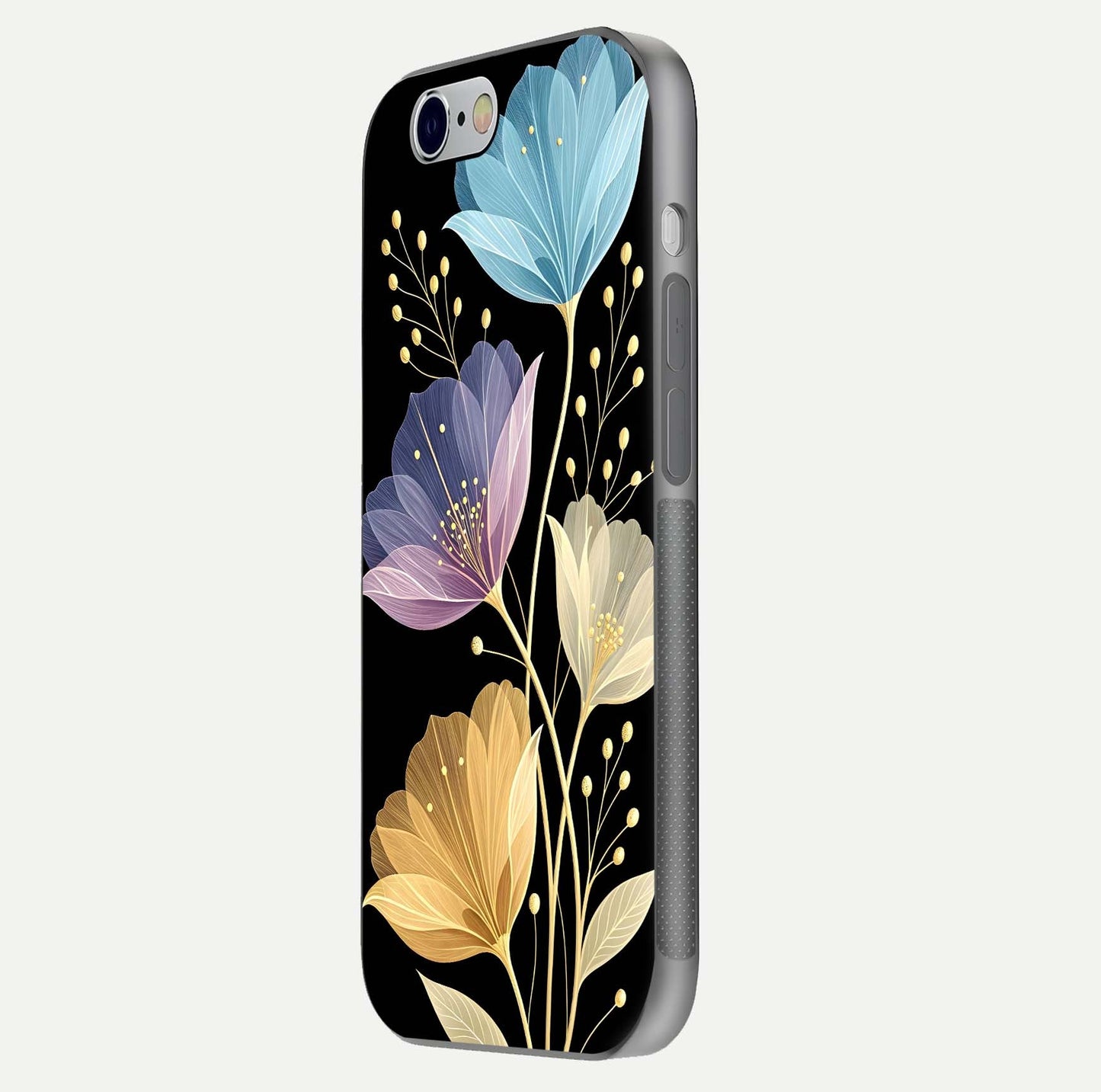 Flower Bloom Glow Glass Case for iPhone 16 Pro side-angle image capturing gloss reflection and flower glow