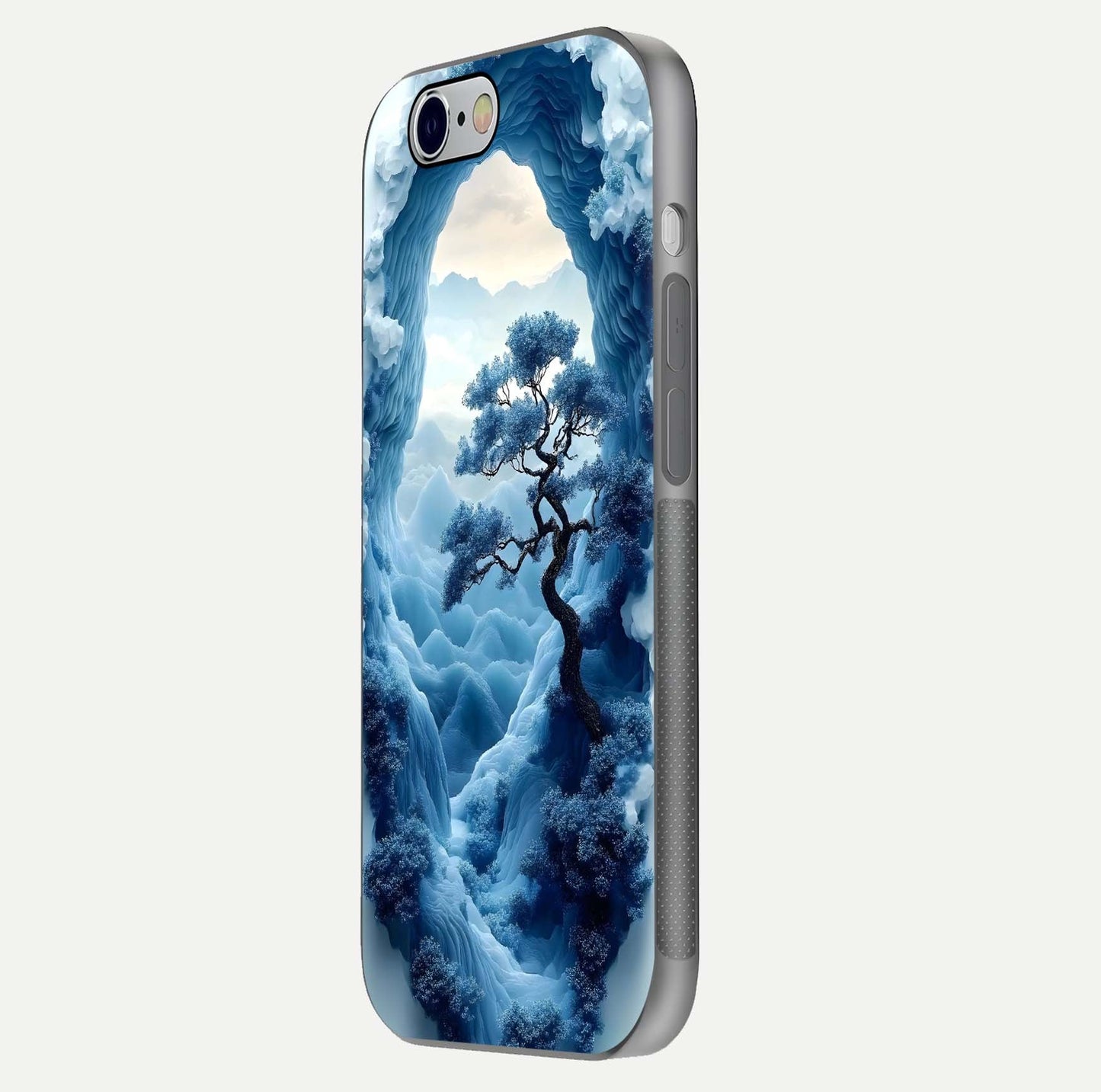 Frozen Serenity Gate Glass Case for iPhone 16 Pro side-angle photo showing reflective surface and cold tones