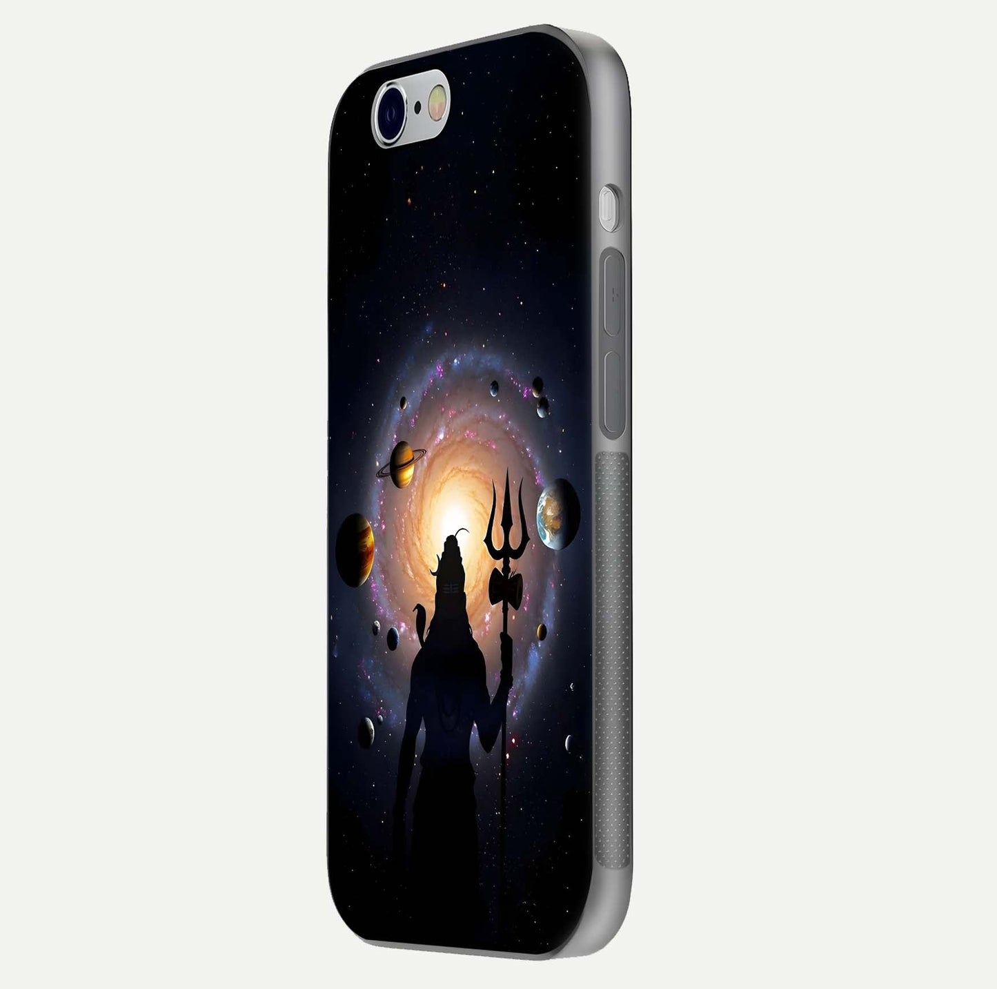 Galactic Shiva Vision Glass Case for iPhone 16 Pro side-angle image showing light reflection, glass edges, and spiritual cosmic theme