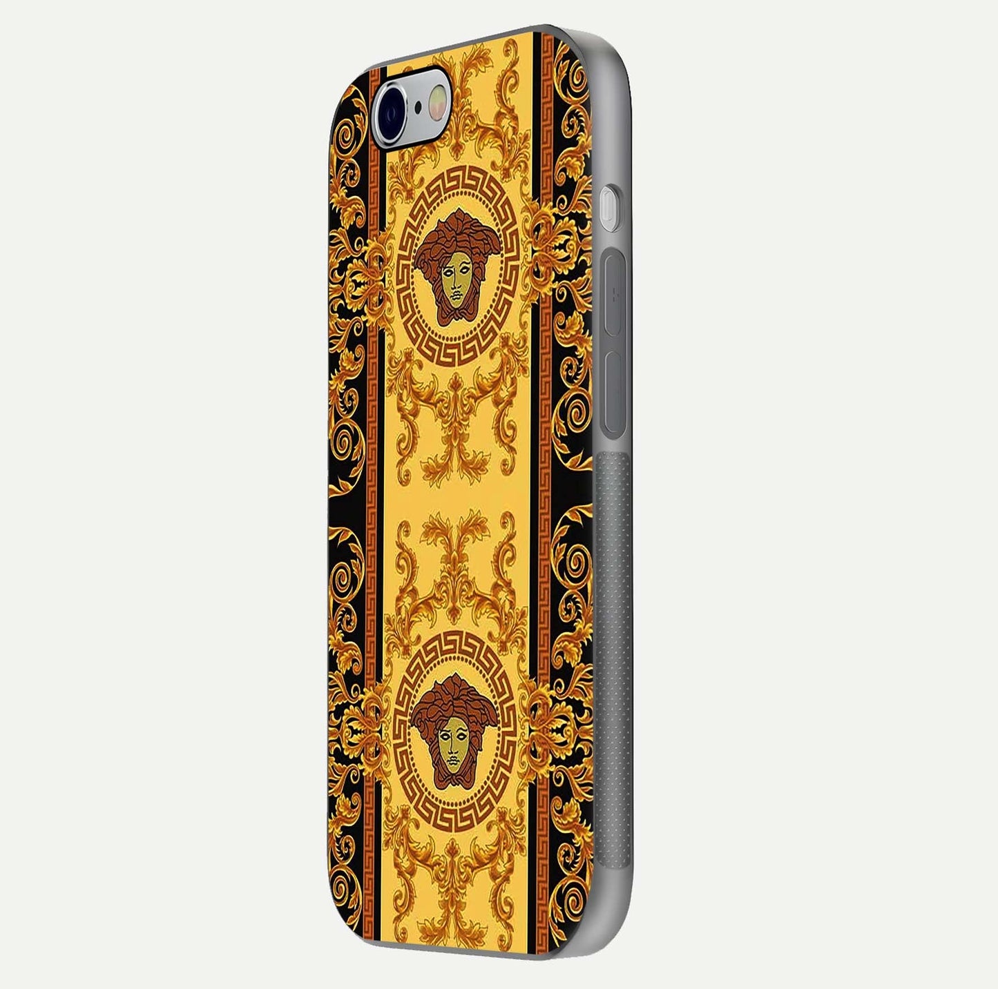 Golden Royal Heritage Glass Case for iPhone 16 Pro side-angle image showing reflection glow and luxury detailing