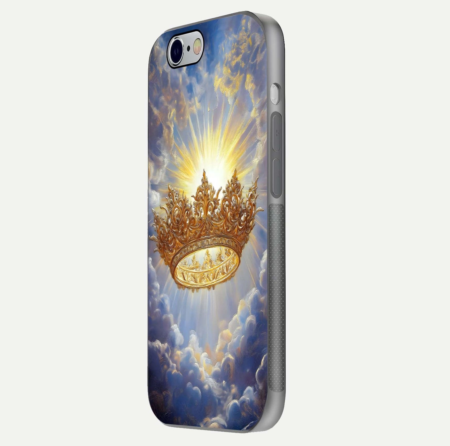 Heavenly Crown Light Glass Case for iPhone 16 Pro side-angle image showing reflection brilliance and elegant divine art