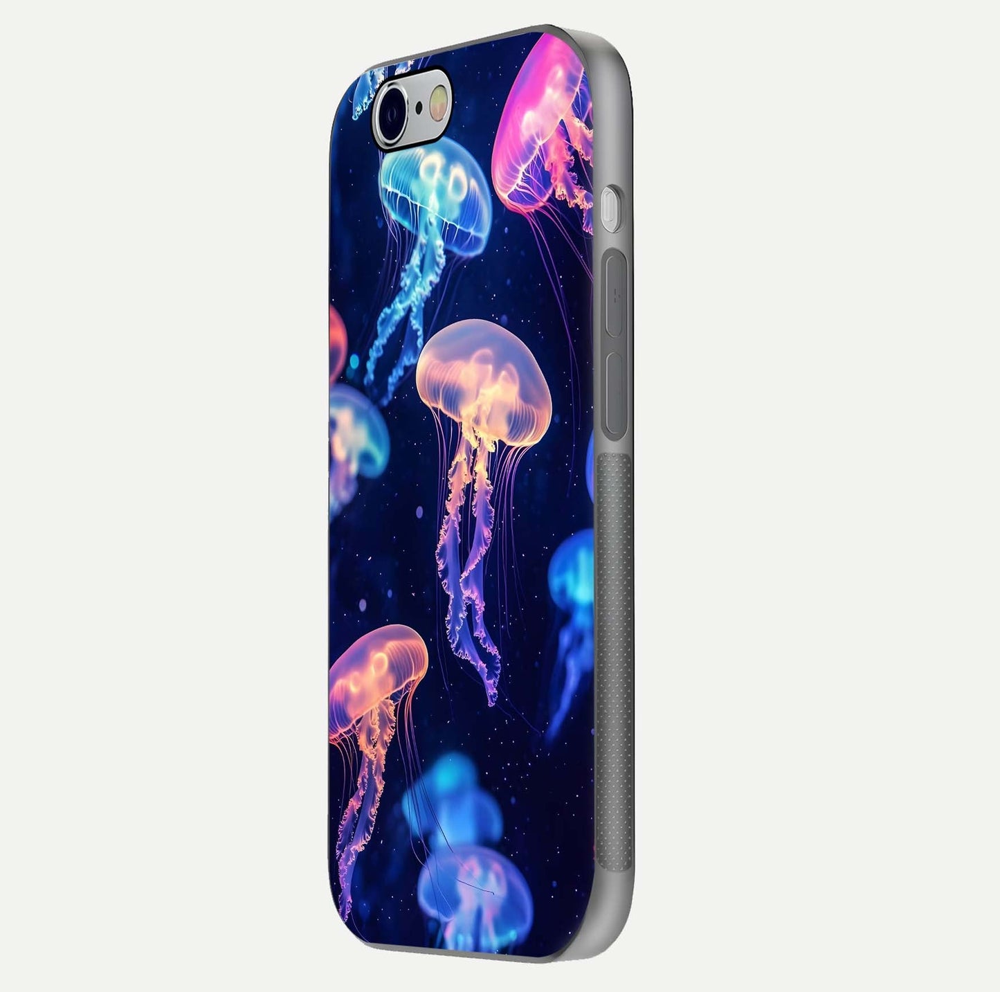 Jellyfish Pattern Glass Case for iPhone 16 Pro side-angle image showing reflection glow and soft water-blue gradient