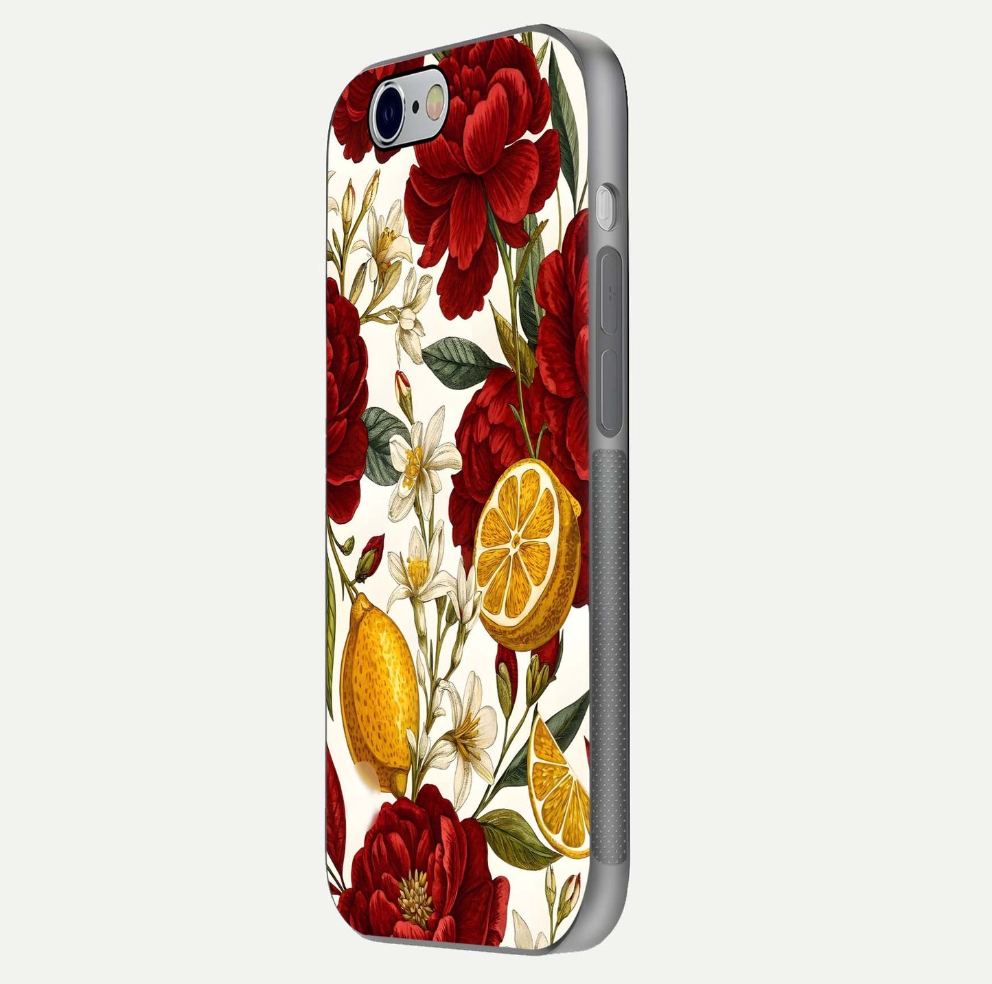 Lemon Rose Charm Glass Case for iPhone 16 Pro side-angle image revealing reflection depth and vibrant flower art