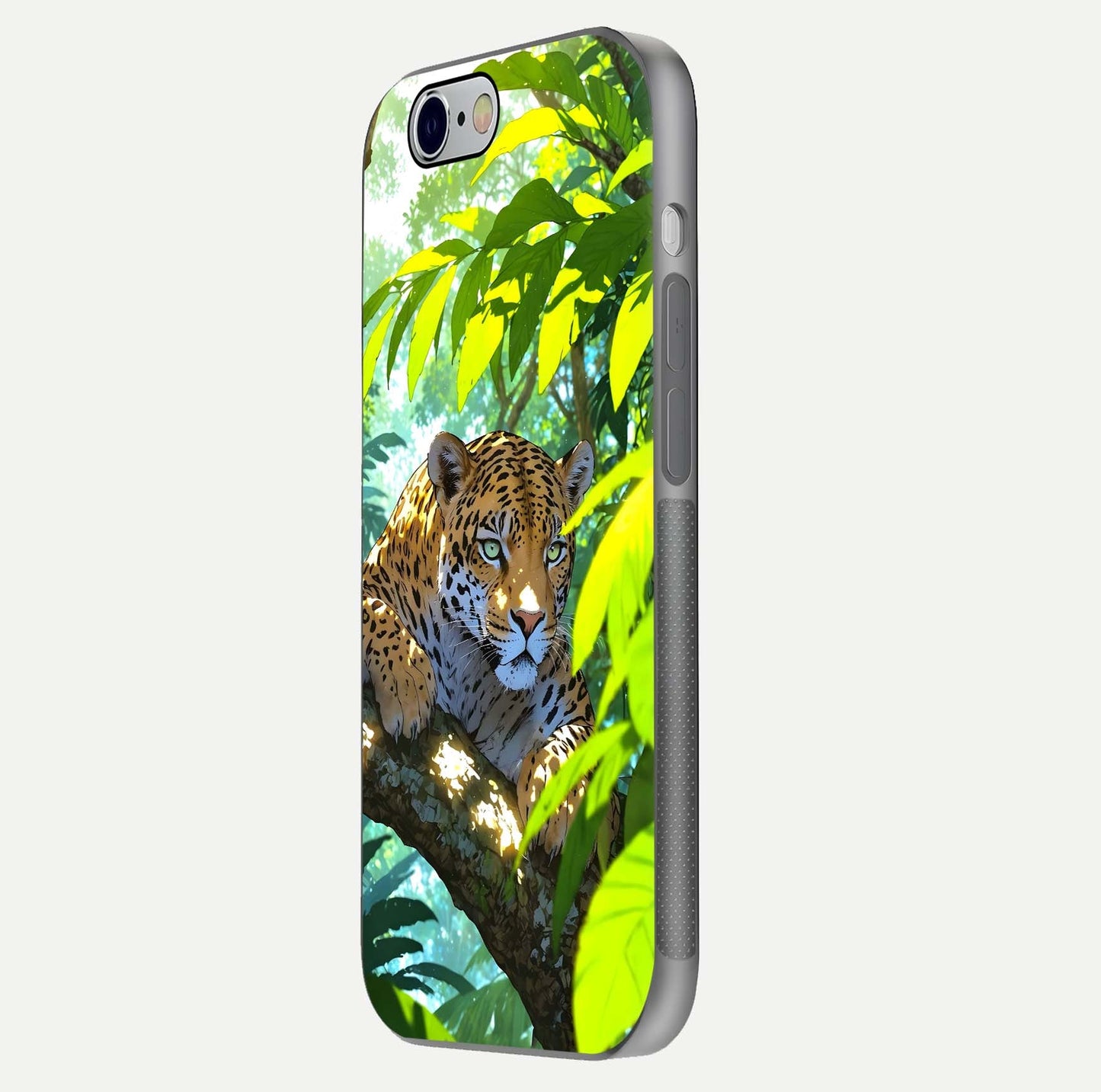 Leopard in Jungle Glass Case for iPhone 16 Pro side-angle shot emphasizing contrast and fierce design clarity