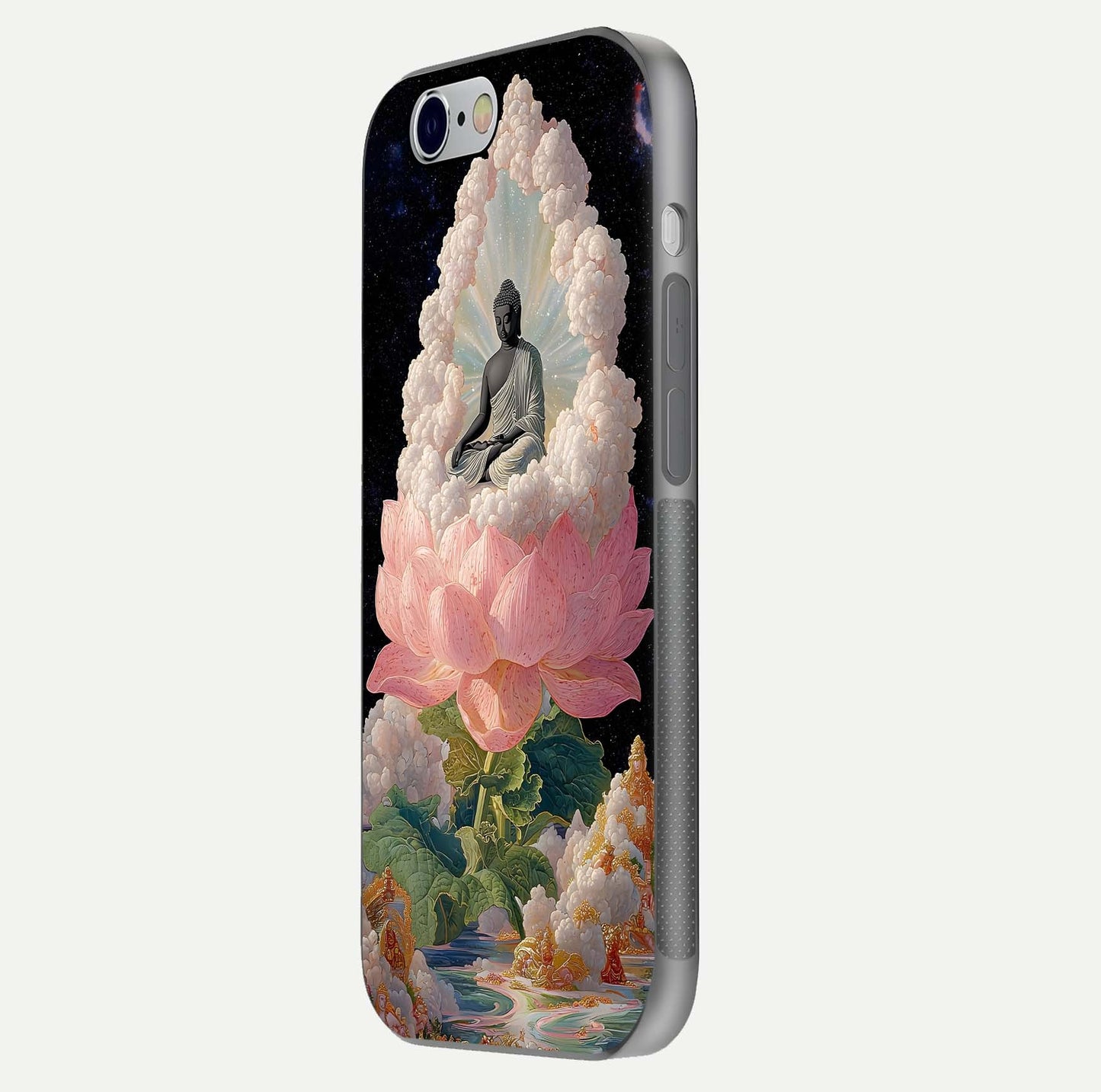 Lotus Divine Peace Glass Case for iPhone 16 Pro side-angle shot showing elegant shine and floral symmetry